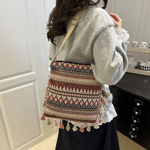 Ethnic Style Cotton Linen Tote Bag Retro Geometric Pattern Tassel Shoulder Bag Women Casual Crossbody Bag
