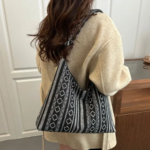Large Capacity Canvas Tote Bag For Women Ethnic Style Geometric Woven Shoulder Crossbody Bag Casual Daily Handbag