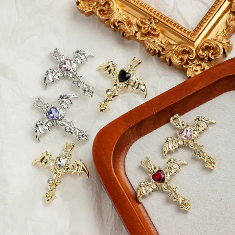 Gothic Zinc Alloy Bat Wings Cross Charms With Heart Rhinestone For DIY Jewelry Making Bracelet Necklace Earring Pendant Craft findings