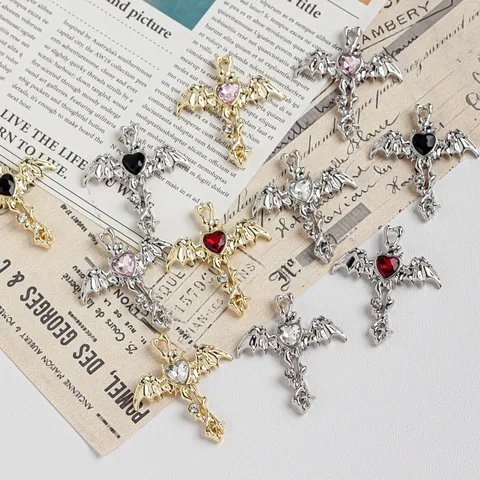 Gothic Zinc Alloy Bat Wings Cross Charms With Heart Rhinestone For DIY Jewelry Making Bracelet Necklace Earring Pendant Craft findings