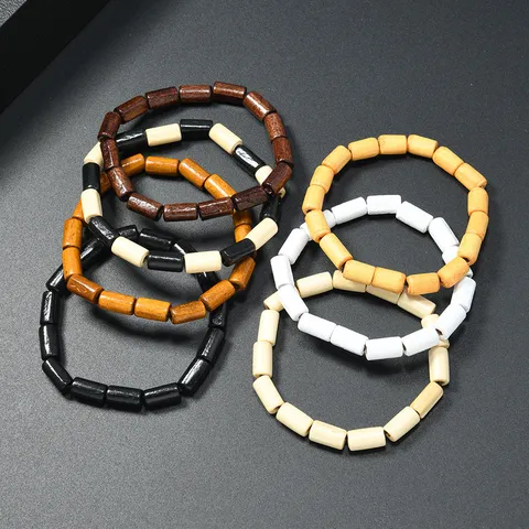 Pulsera de Cuentas de Madera Retro Unisex Minimalista Geométrico Cilindro Cuentas de Madera Patchwork Hecho a Mano Joyería Étnica
