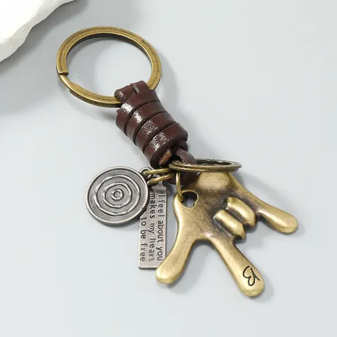Vintage Metal Gesture Keychain Handmade Braided Cowhide Leather Rope Car Key Ring Pendant For Men Minimalist Zinc Alloy Pants Chain