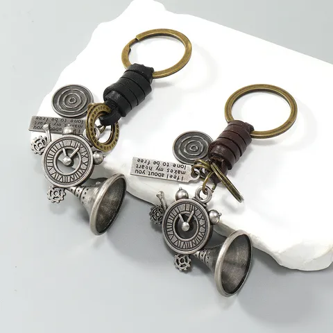 Vintage Braided Cowhide Leather Rope Keychain Zinc Alloy Punk Horn Clock Gear Pendant Keyring Car Key Holder Belt Pant Chain Charm For Men