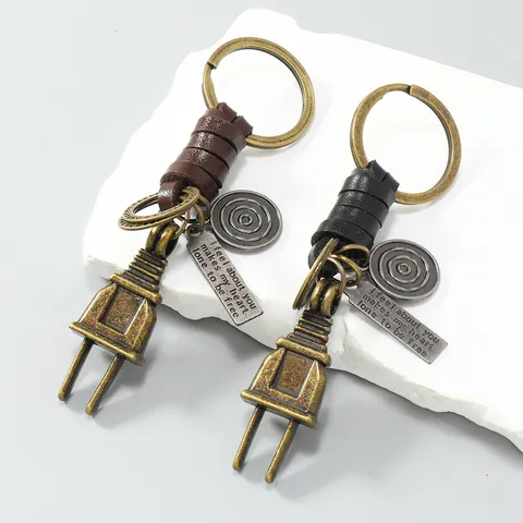 Vintage Industrial Metal Plug Keychain Braided Genuine Cowhide Leather Rope Car Key Ring Men Waist Pants Chain Hanging Ornament Gift