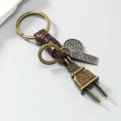 Vintage Industrial Metal Plug Keychain Braided Genuine Cowhide Leather Rope Car Key Ring Men Waist Pants Chain Hanging Ornament Gift