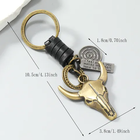 Vintage Zinc Alloy Cowhide Leather Bull Skull Keychain For Men Retro Braided Leather Rope Car Key Ring Pendant Pants Chain