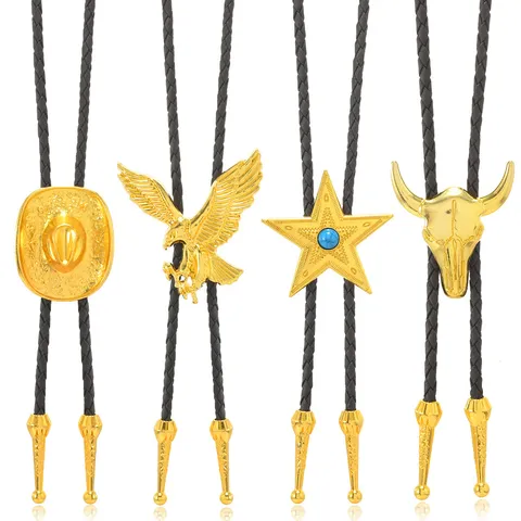 Collar Bolo Tie Vintage Western Cowboy con Colgante de Animal de Aleación Dorada y Cuerda de Cuero PU para Hombres y Mujeres