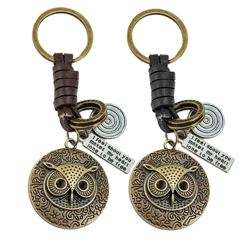 Vintage Leather Alloy Owl Keychain Engraved Flower Pattern Pendant Keyring For Car Backpack Purse Decorative Accessories Gifts