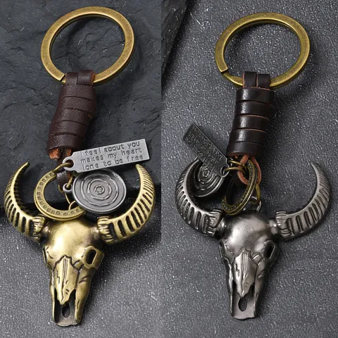 Llavero de Calavera de Toro de Metal Retro Cuero Trenzado Vintage Punk Cuerno de Buey Soporte Llaves Coche Cadena Pantalon Hombre