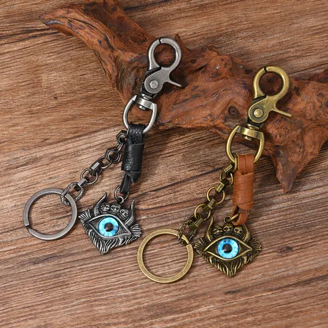 Vintage Punk Evil Eye Leather Braided Keychain Gothic Skull Charm Key Ring Car Pendant Bag Chain For Men Women Accessory