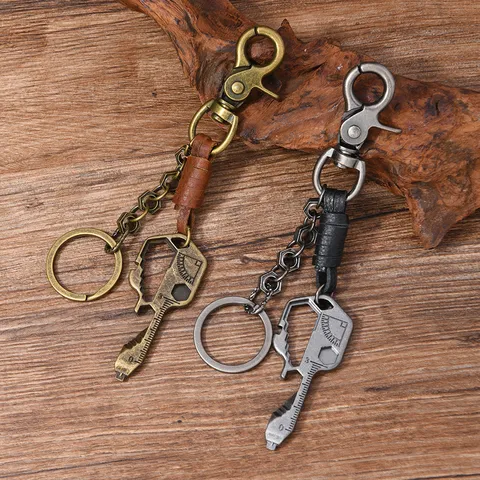 Vintage Punk Zinc Alloy Cowhide Leather Braided Keychain Men Women Multi Tool Car Hanging Keychain With Bottle Opener Scale Rulers Metal Leather Key Ring Charm