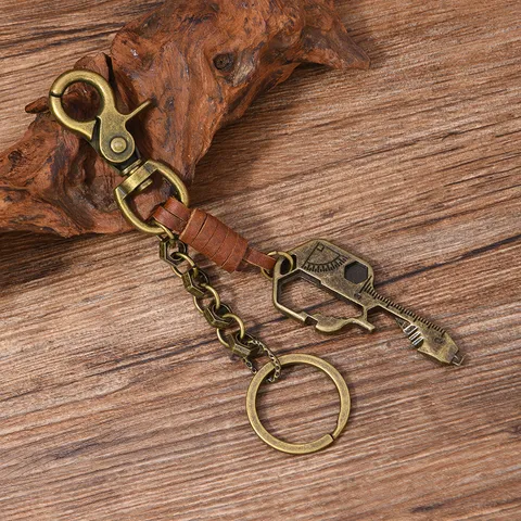 Vintage Punk Zinc Alloy Cowhide Leather Braided Keychain Men Women Multi Tool Car Hanging Keychain With Bottle Opener Scale Rulers Metal Leather Key Ring Charm