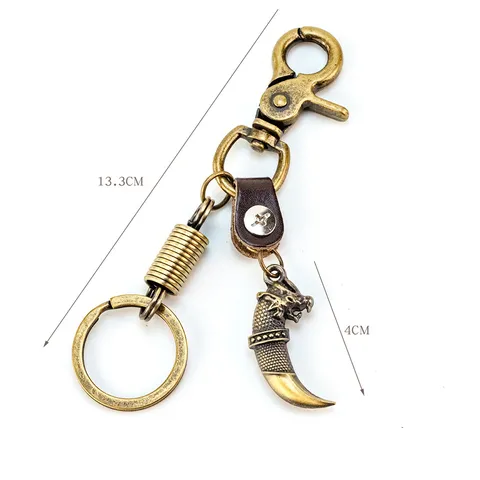 Retro Biker Zinc Alloy Wolf Head Keychain Punk Cowhide Leather Strap Key Ring Antique Bronze Animal Charm Waist Chain Pendant Gift For Men Women Bag Accessories