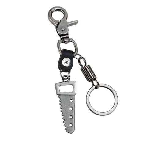 Vintage Zinc Alloy Leather Chainsaw Keychain Retro Electroplated Antique Silver Mini Saw Tool Bag Pendant Punk Charm Key Ring Jewelry Gift