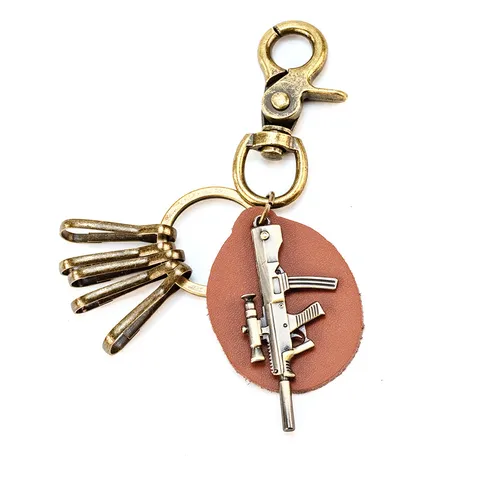 Retro Zinc Alloy Rifle Model Keychain Cowhide Leather Braided Strap Electroplated Weapon Charm Key Ring Bag Pendant For Men Women Jewelry