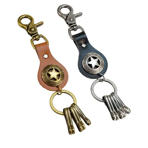 Vintage Cowhide Leather Alloy Pentagram Star Keychain Lobster Clasp Carved Relief Keyring Gothic Punk Belt Hanging Key Holder Chain Bag Charm Accessory
