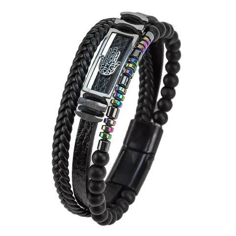 Pulsera de Cuero Trenzado de Múltiples Capas Punk Vintage Hombres Acero Inoxidable Araña EKG Calavera Hamsa Pulsera Cierre Magnético