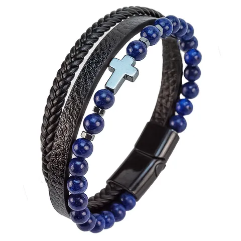 Brazalete Retro Multicapa Trenzado de Cuero con Cuentas de Piedra Natural y Cruz Cierre Magnético Unisex Punk Rock Joyería