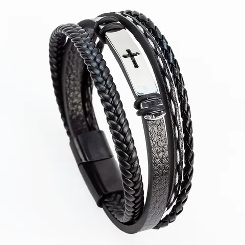 Pulsera de Hombre de Cuero Trenzado Multicapa Con Acento de Cruz de Acero Inoxidable Cierre Magnético Joyería de Rock Retro