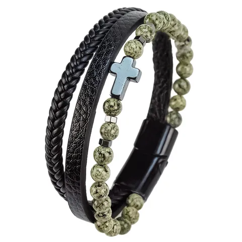 Brazalete Retro Multicapa Trenzado de Cuero con Cuentas de Piedra Natural y Cruz Cierre Magnético Unisex Punk Rock Joyería