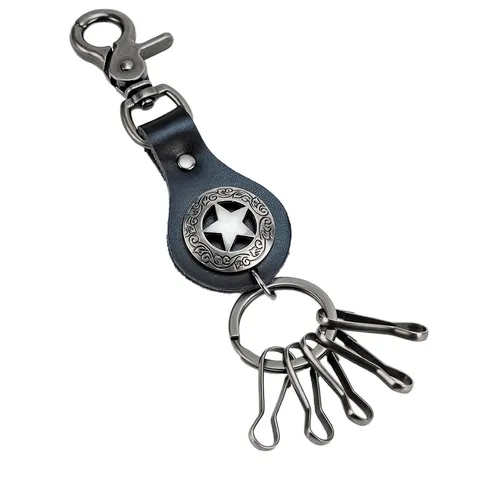 Vintage Cowhide Leather Alloy Pentagram Star Keychain Lobster Clasp Carved Relief Keyring Gothic Punk Belt Hanging Key Holder Chain Bag Charm Accessory