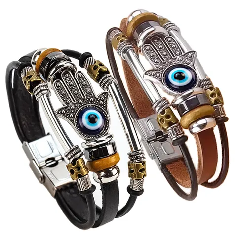 Pulsera de Cuero Trenzado Multicapa Retro para Hombre Mujer Hebilla de Reloj de Acero Inoxidable Mano de Fátima Mal de Ojo Pulsera Étnica Punk