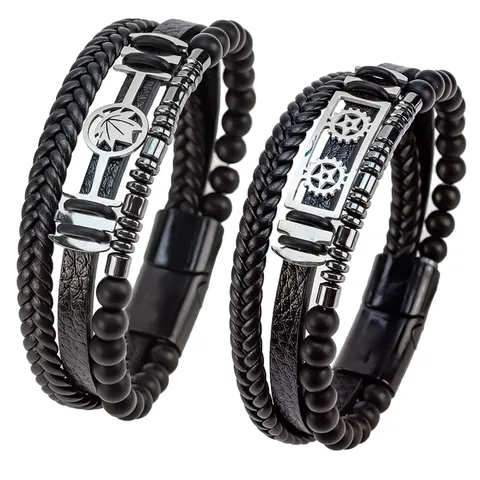 Pulsera de Cuero Trenzado Multicapa para Hombre Acero Inoxidable Aleación Hoja de Arce Engranaje Pez Pulsera de Abalorios Con Cierre Magnético Joyería