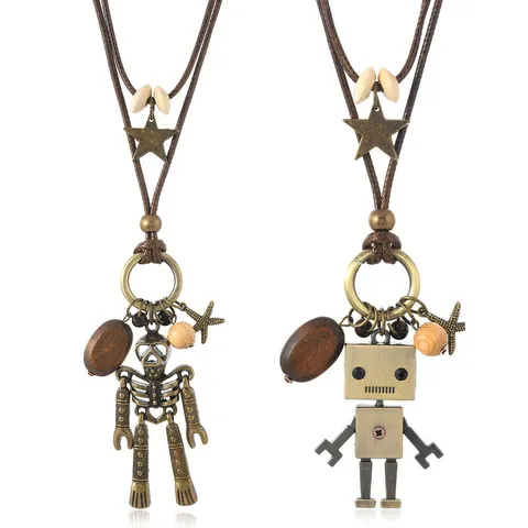 Vintage Ethnic Style Long Wax Cord Chain Alloy Robot Pendant Necklace For Women Men Punk Movable Mechanical Skeleton Star Wooden Beads Sweater Necklace Jewelry