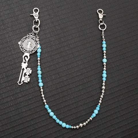 Punk Vintage Blue Turquoise Bead Trouser Chain Metal Wallet Chain With Cross Key Medal Pendant Hip Hop Streetwear Waist Chain For Men Women