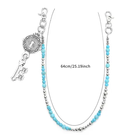 Punk Vintage Blue Turquoise Bead Trouser Chain Metal Wallet Chain With Cross Key Medal Pendant Hip Hop Streetwear Waist Chain For Men Women