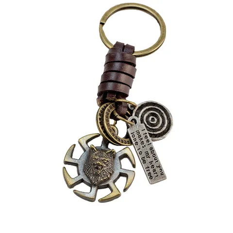 Creativo Retro Cabeza de León Lobo Engranaje de Metal Cuerda de Piel de Vaca Llavero Estilo Punk Hombres Mujeres Llavero Colgante de Bolso Regalo
