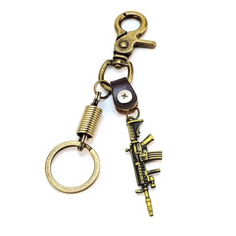Llavero Retro de Aleación de Zinc con Forma de Rifle con Correa de Cuero Trenzado Bronce Antiguo Tema de Juego Llavero Adorno de Bolso