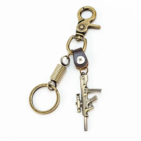 Retro Zinc Alloy Rifle Model Keychain Cowhide Leather Braided Strap Electroplated Weapon Charm Key Ring Bag Pendant For Men Women Jewelry