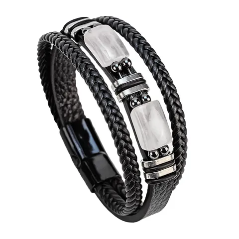 Brazalete Retro de Cuero Trenzado Multicapa para Hombre Con Piedra Ojo de Tigre Cierre Magnético Joyería de Mano de Aleación Geométrica para Regalo Diario