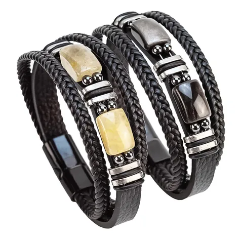 Brazalete Retro de Cuero Trenzado Multicapa para Hombre Con Piedra Ojo de Tigre Cierre Magnético Joyería de Mano de Aleación Geométrica para Regalo Diario