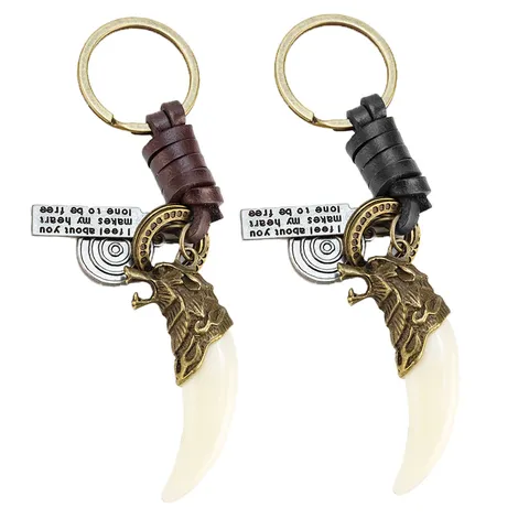 Llavero Punk Vintage de Colmillo de Lobo Cordón de Cuero Trenzado Colgante de Cabeza de Lobo de Aleación de Bronce Antiguo Llavero para Hombre Adorno de Bolso