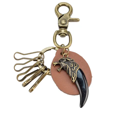 Llavero Punk Vintage de Colmillo de Lobo Cordón de Cuero Trenzado Colgante de Cabeza de Lobo de Aleación de Bronce Antiguo Llavero para Hombre Adorno de Bolso