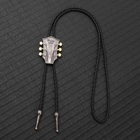 Cravatta Bolo da Cowboy Occidentale Vintage Chitarra Collana con Cordino Intrecciato in Pelle Poliuretanica Pendente per Costume Decorativo da Festival Musicale Retro