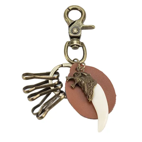 Llavero de Diente de Lobo Vintage Cuerda de Cuero de Vaca Tejida Aleación Cabeza de Lobo Estilo Punk Rock Accesorio para Colgar en el Bolso Regalo