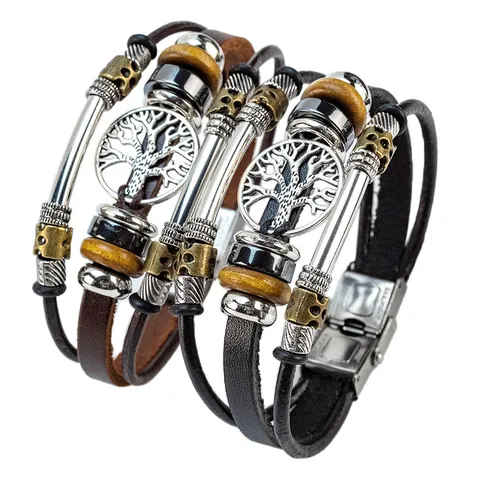 Pulsera Multicapa Trenzada de Cuero de Vaca Vintage Punk Hebilla de Reloj de Acero Inoxidable Árbol de la Vida Girasol Joyería Unisex
