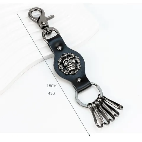 Vintage Punk Runderleer Sleutelhanger Legering Ster Schedel Hanger Multi Ring Sleutelhanger Gothic Streetwear Tas Bedeltje Auto Sleutelhouder Accessoires