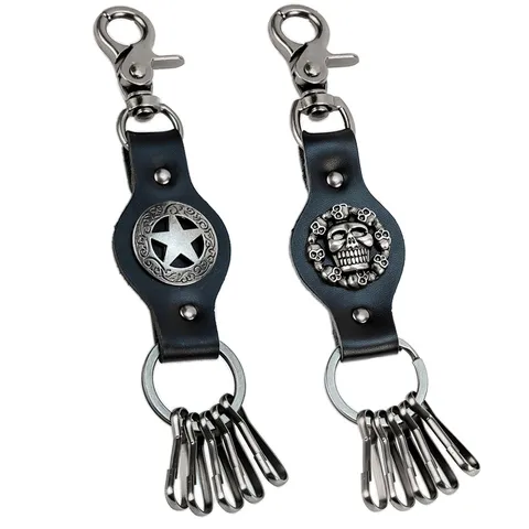 Vintage Punk Runderleer Sleutelhanger Legering Ster Schedel Hanger Multi Ring Sleutelhanger Gothic Streetwear Tas Bedeltje Auto Sleutelhouder Accessoires