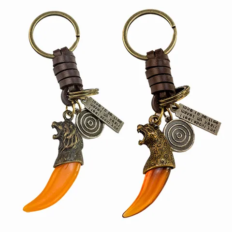 Llavero de Cordón Trenzado de Cuero de Vaca Retro Colgante de Cabeza de Lobo Leopardo León de Aleación de Zinc Falsa Diente Anillo de Llave de Metal Accesorios de Ropa Amuleto de Bolso Regalo
