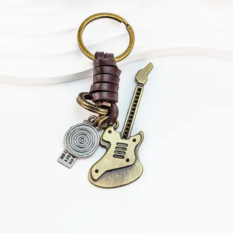 Vintage Guitar Keychain Alloy Leather Key Ring Creative Musical Instrument Bag Pendant Retro Car Key Holder