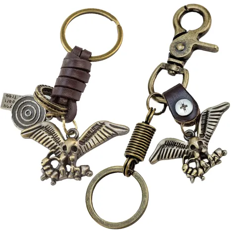 Retro Rindsleder Geflochten Schlüsselanhänger Bronze Zinklegierung Adler Insekt Anhänger Schlüsselring Bekleidungszubehör Tasche Charme Für Herren Damen Geschenk