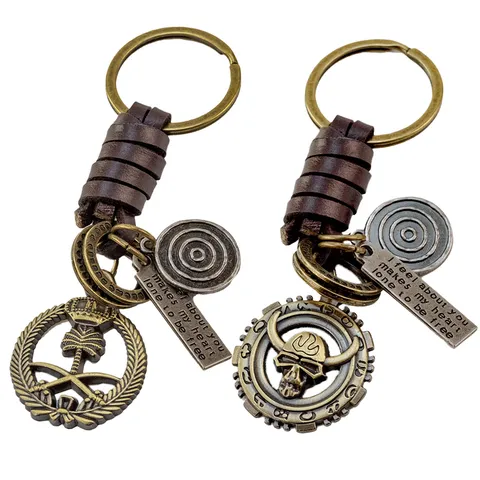Retro Punk Woven Cowhide Keychain Pendant Coconut Tree Bull Head Alloy Metal Key Ring Fashion Clothing Waist Accessories Gift