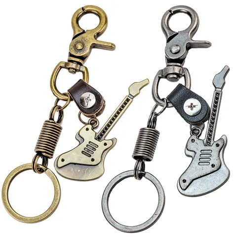Vintage Guitar Keychain Alloy Leather Key Ring Creative Musical Instrument Bag Pendant Retro Car Key Holder