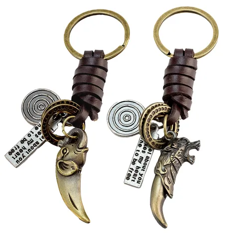 Retro Vintage Metal Cuero Llavero Elefante Cabeza de Lobo Llavero Creativo Coche Llavero Bolso Colgante Joyería Regalo
