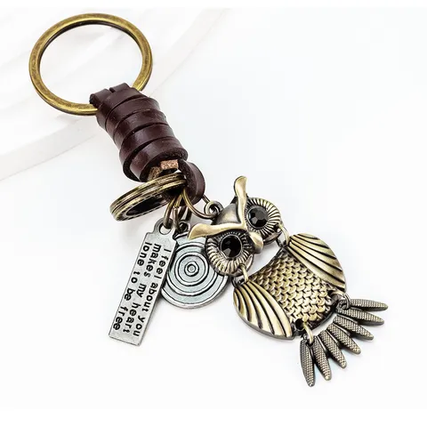 Retro Bronce Búho Águila Cuero Llavero Creativo Metal Animal Bolso Colgante Regalo Pareja Vintage Coche Anillo Clave Accesorios