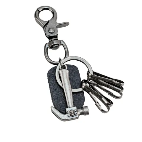 Retro Alloy Hammer Keychain With Bottle Opener Skull Pendant Vintage Hip Hop Leather Key Ring Creative Craft Gift